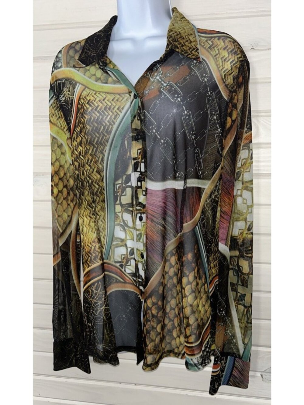 Petit Pois by Viviana G Sz XL Mixed Print Mesh Shirt Button Front USA Made EUC